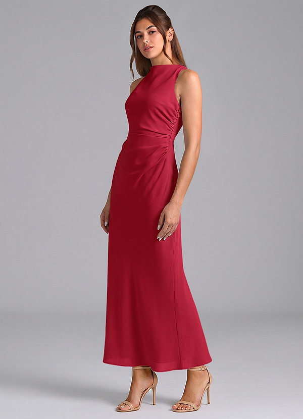 Azazie Evadne Bridesmaid Dresses Scarlet Sheath Pleated Chiffon Dress image1