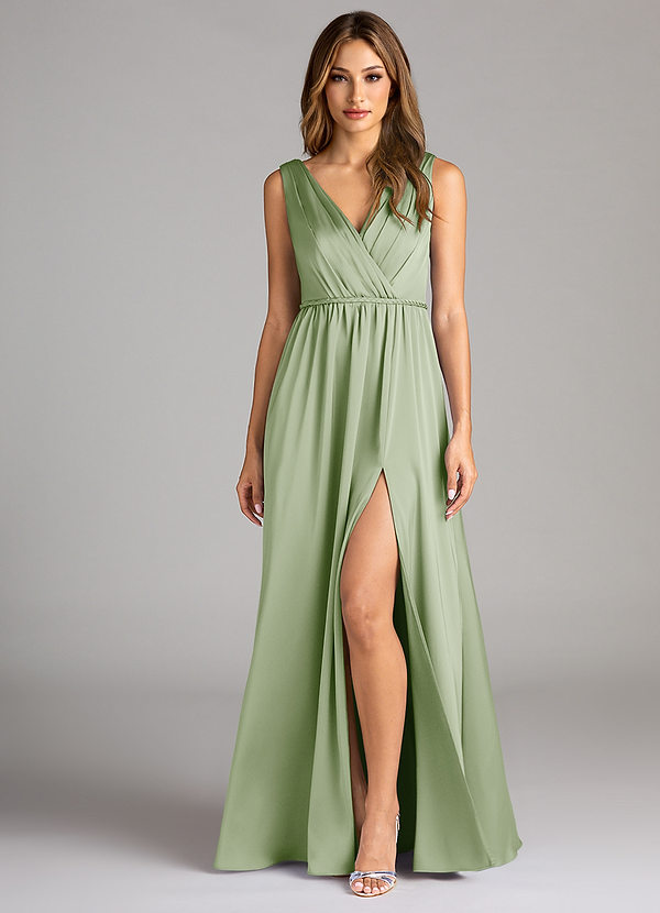 Azazie Tanicia Bridesmaid Dresses Dusty Sage A-Line Pleated Stretch Satin Dress image1