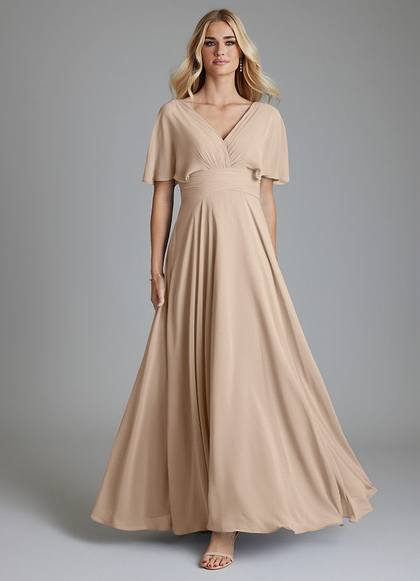 Azazie Pamela Vestidos Dama de Honor Vestido de Gris Pardo de Gasa de Corte en A con Cuello en V plisado image1