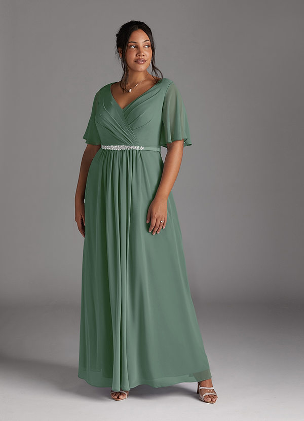 Azazie Tricia Mother of the Brides Dresses Eucalyptus A-Line V-Neck Pleated Chiffon Dress image1