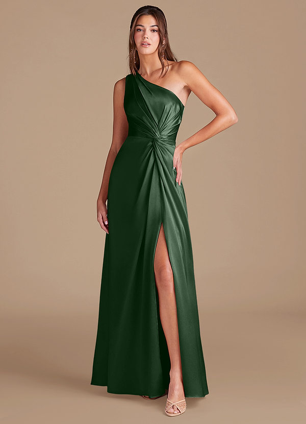 Azazie Brooke Bridesmaid Dresses Eucalyptus A-Line One Shoulder Metallic Satin Dress image1