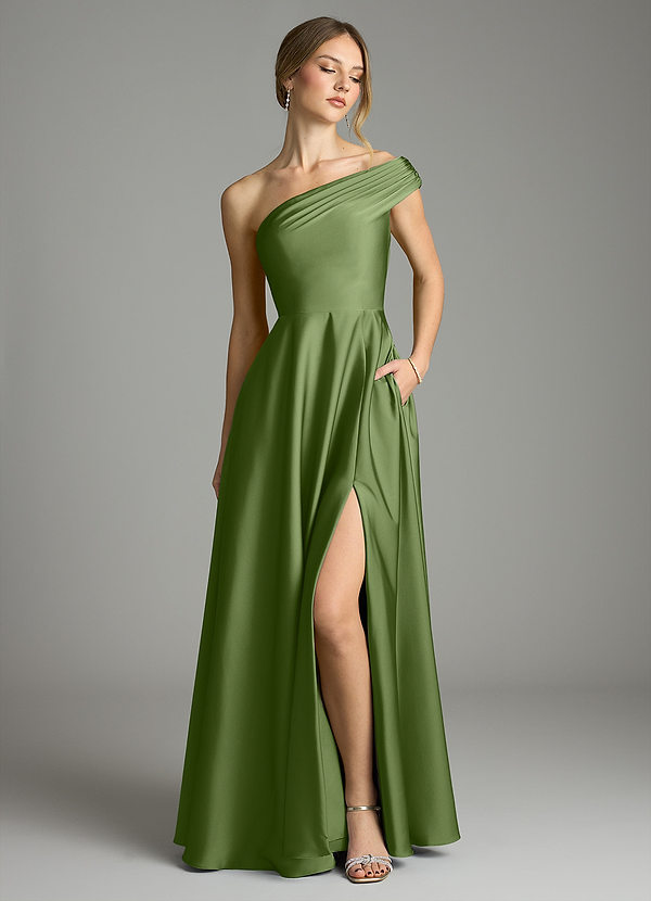 Azazie Melanie Suknie dla druhen Linia A Zza ramienia Satyna elastyczna Do ziemi Sukienka image1