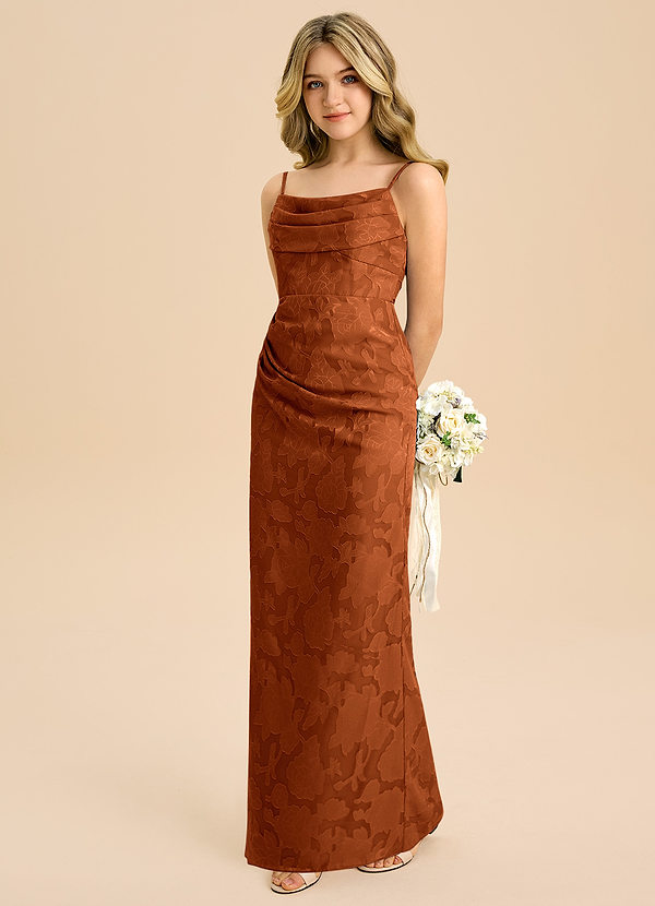 Azazie Mai Junior Burnt Orange Sheath Pleated Floral Burnout Dress image1