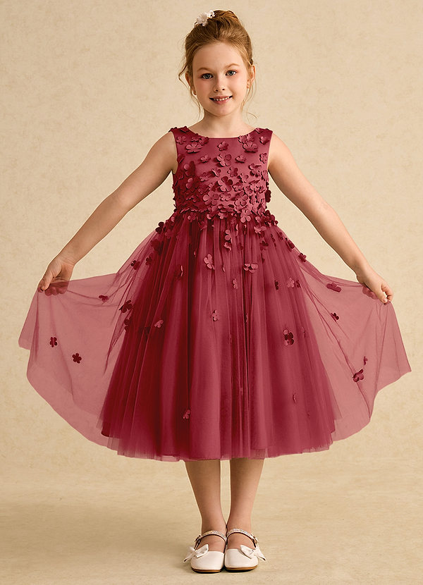 Azazie Lana Blumenkinder Kleider A-Linie ärmellos Matte Satin Kleid Granatapfelrot image1