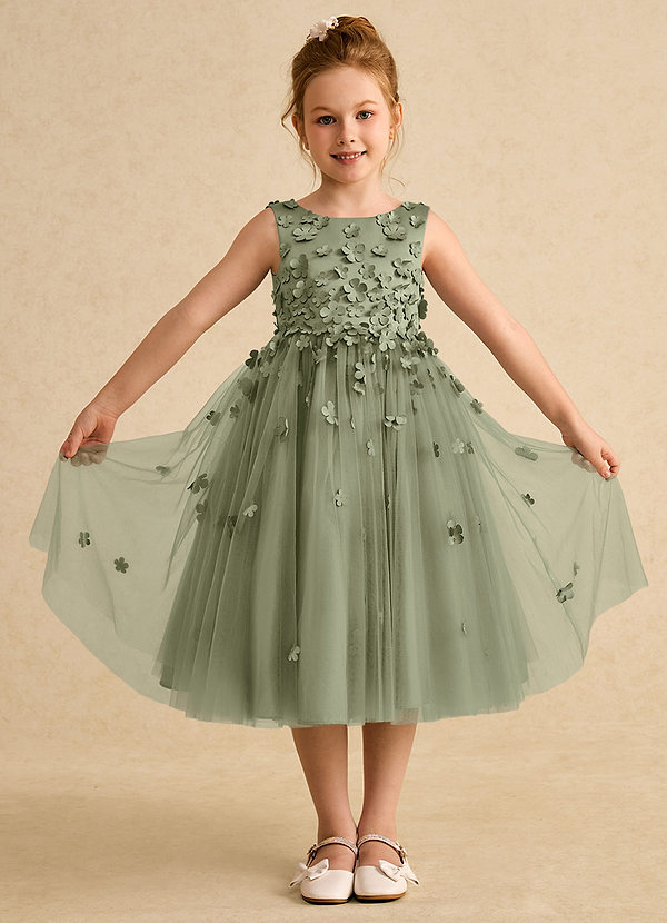 Azazie Lana Blumenkinder Kleider A-Linie ärmellos Matte Satin Kleid Pistazie image1