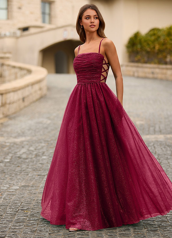 Esme Burgundy Shiny Sheer Prom Dress image1