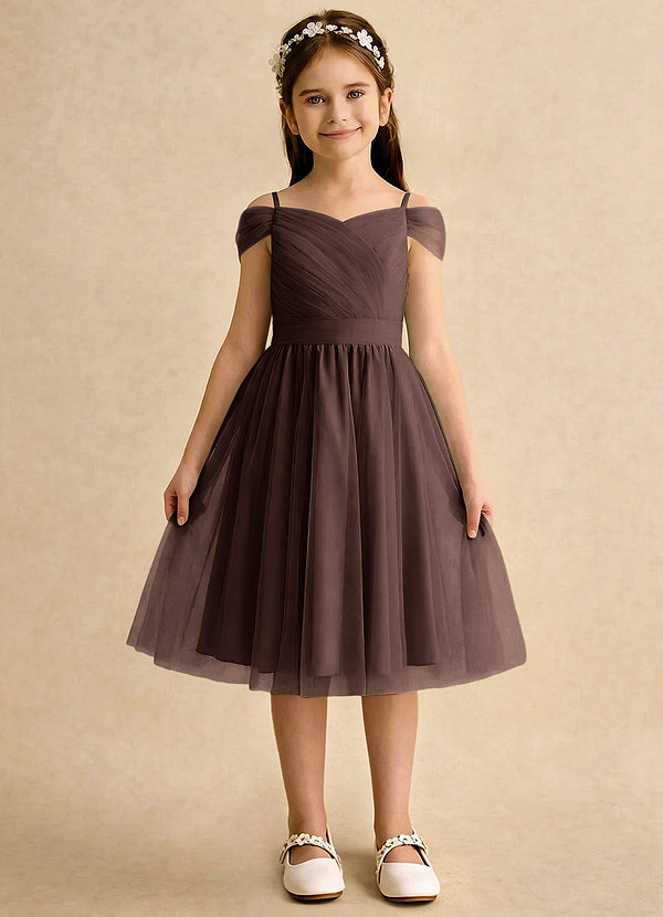 Azazie Lila Girls Formal Robes de Fillette d'Honneur Robe Trapèze en Tulle Épaule décolletée Ganache image1