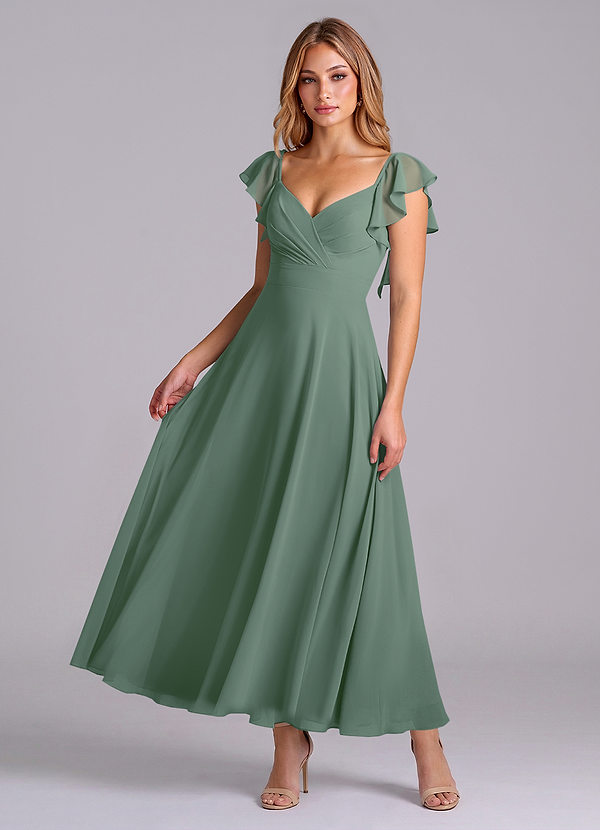 Azazie Leilani Bruidsmeisjes Jurken Jurk van Chiffon met A-Lijn Ruches Eucalyptus image1