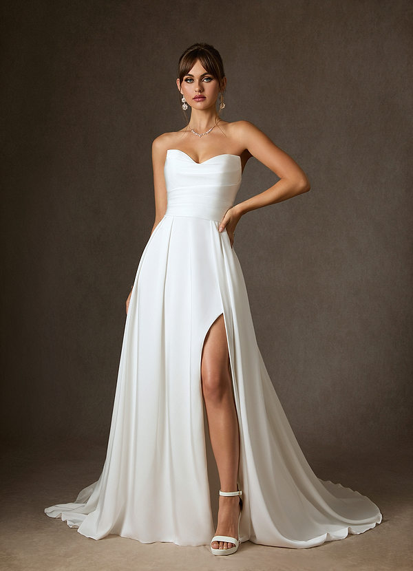 Azazie Marisela Wedding Dresses Diamond White A-Line Sequins Crepe Back Satin Dress image1