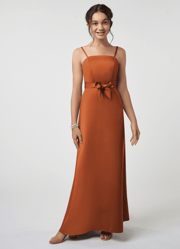 Azazie Anina Junior Robe Trapèze en Satin extensible Arc Cannelle image1