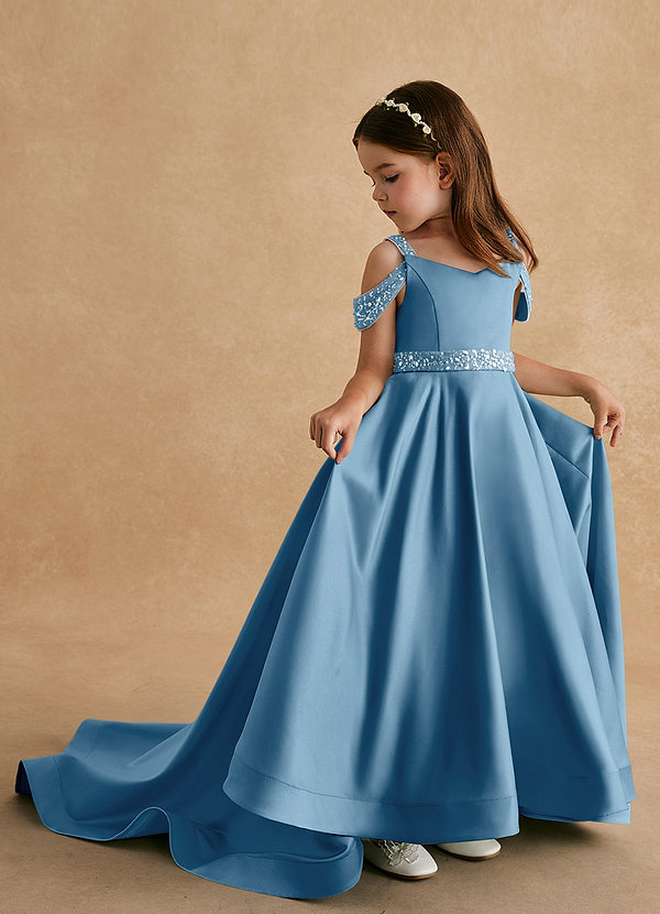 Azazie Jodi Vestidos de Niña de Flores Vestido de Azul Acero de Satin Mate de Corte En A image1
