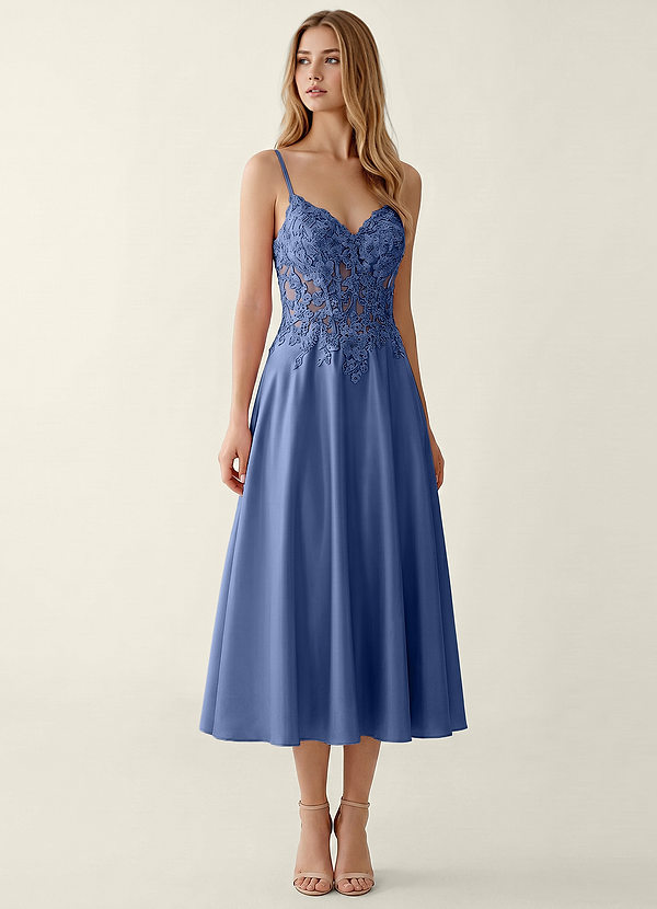 Corinna Steel Blue Satin Lace Corset A-line Maxi Dress image1