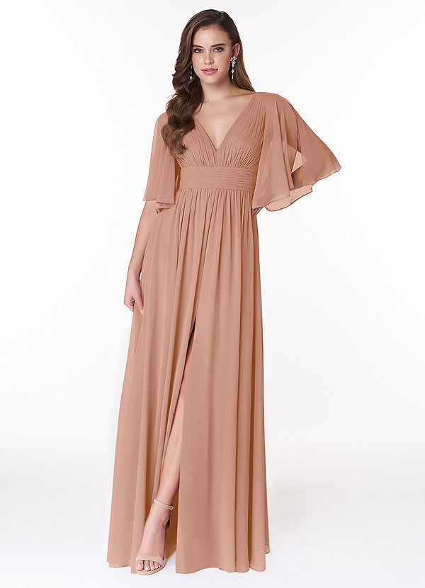 Azazie Temeka Vestidos Dama de Honor Vestido de Champán Rosado de Gasa de Corte en A con Volante image1