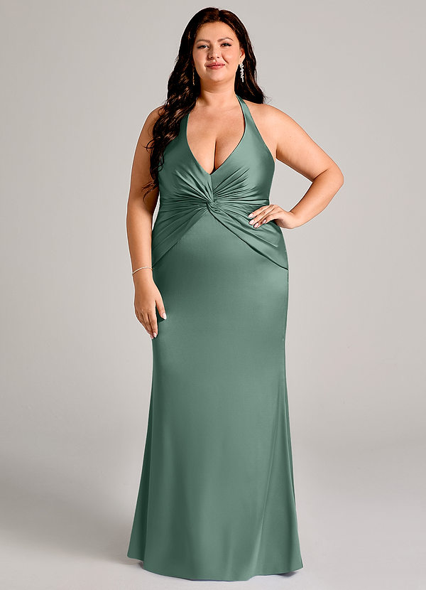Azazie Valerie Bruidsmeisjes Jurken Jurk van Stretch Satijn met Zeemeermin Geplooid Eucalyptus image1