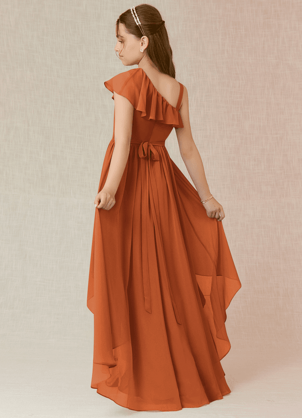 Azazie Mango Junior Jurk van Chiffon met A-Lijn Ruches Kaneel image1