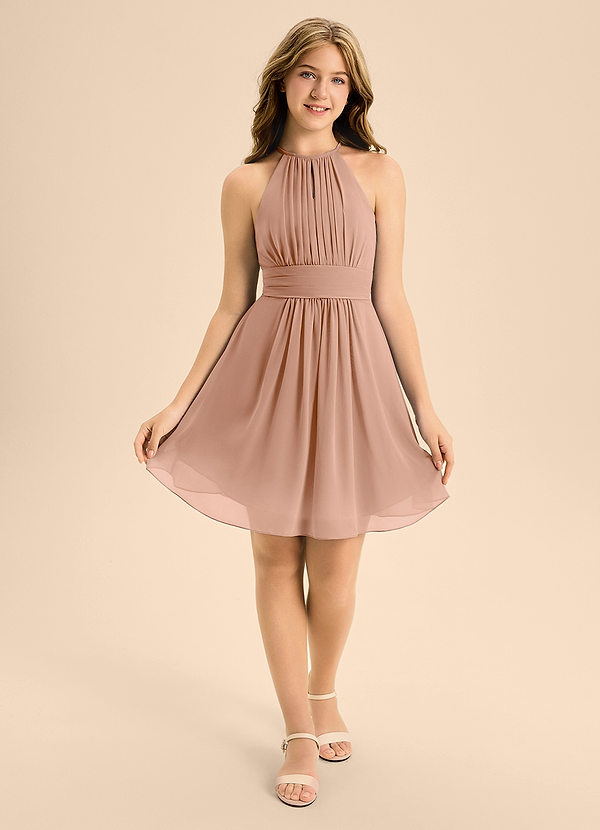 Azazie Bonnie Junior Abito A-Line in Chiffon Plissettato Champagne Rosa image1