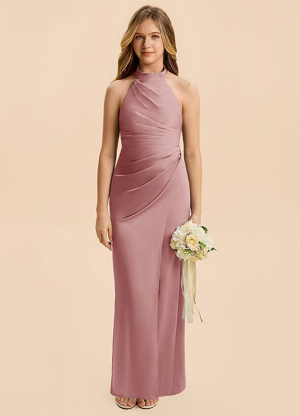 Azazie Jemma Junior Dusty Rose Sheath Ruched Stretch Satin Dress image1