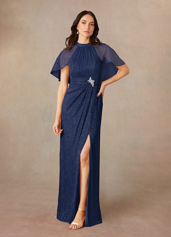 Azazie Draga Mother of the Brides Dresses Dark Navy Sheath Pleated Metallic Mesh Dress image1