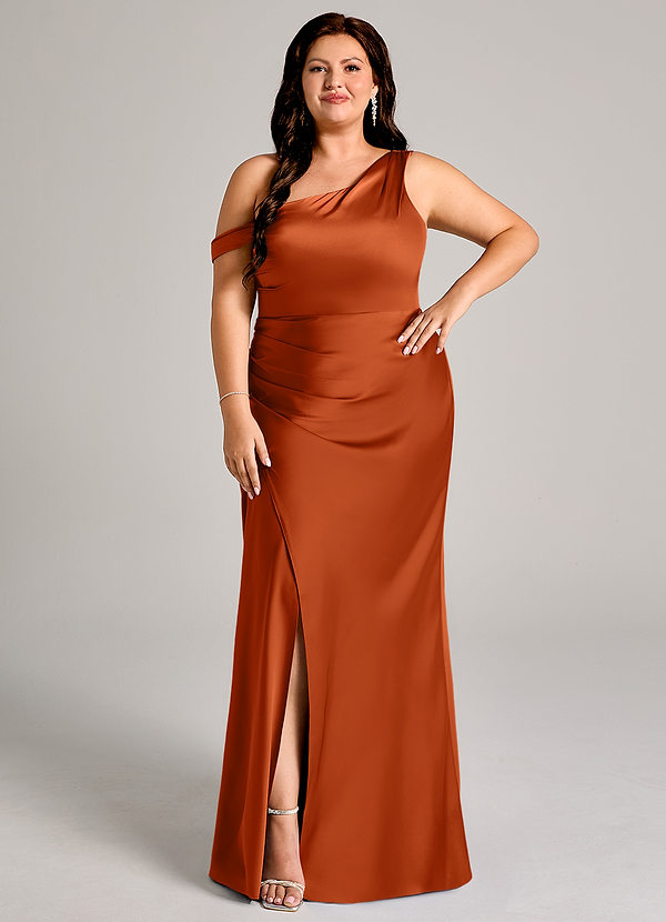 Azazie Madelyn Bridesmaid Dresses Burnt Orange Mermaid One Shoulder Stretch Satin Convertible Dress image1