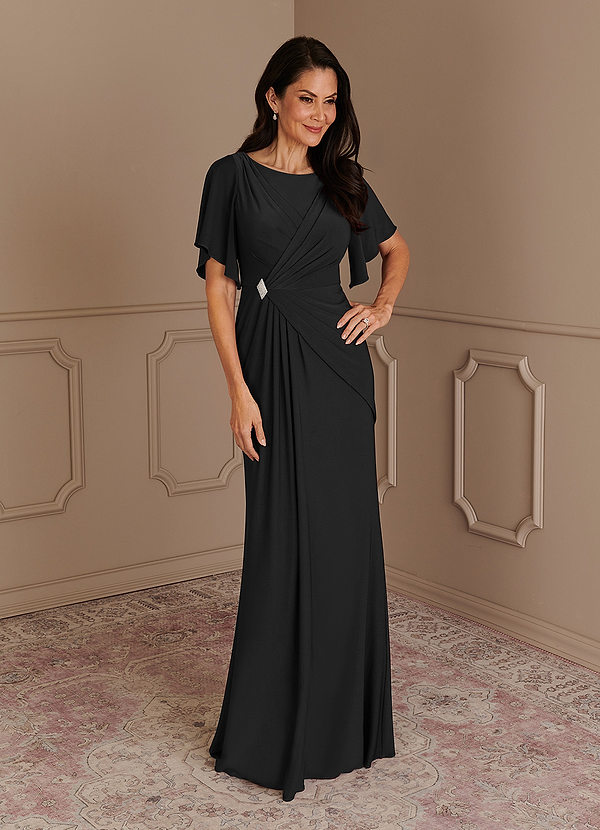 Azazie Louanne Mother of the Bride Dresses Mermaid Boatneck Pleated Luxe Knit Floor-Length Dress image1