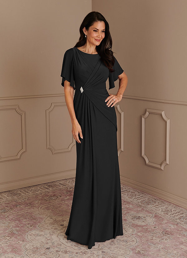 Azazie Louanne Mother of the Brides Dresses Black Mermaid Boatneck Pleated Luxe Knit Dress image1