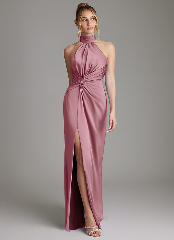 Azazie Gracelynn Bridesmaid Dresses Vintage Mauve Sheath Pleated Stretch Satin Dress image1