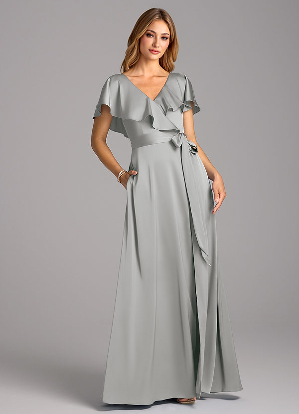 Azazie Lainey Bridesmaid Dresses Silver A-Line with Pockets Stretch Satin Dress image1