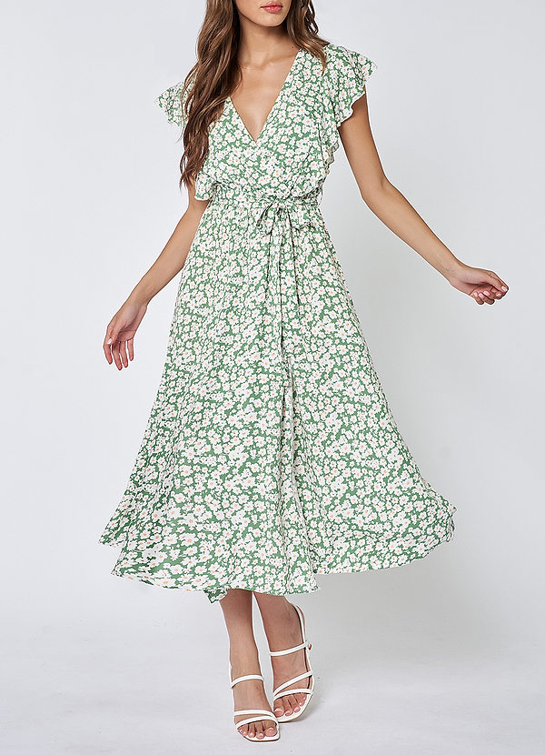 front Johnson Sauge Poussiéreuse Robe mi-longue à imprimé floral et manches à volants