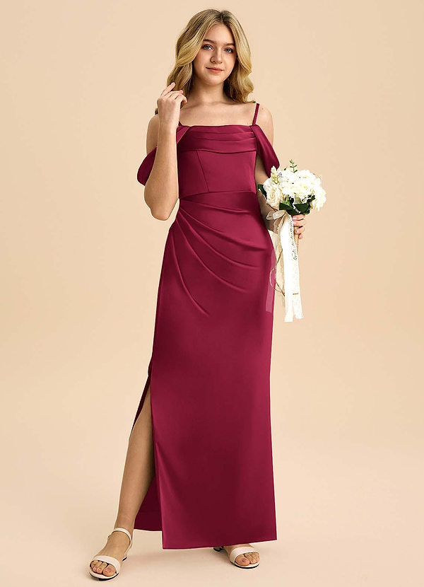 Azazie Saige Junior Burgundy Sheath Off the Shoulder Stretch Satin Dress image1