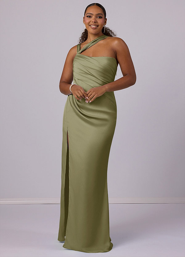Barbie ♥ Azazie Robes Demoiselle d'honneur Robe Sirène en Satin extensible Ue épaule Pistache image1