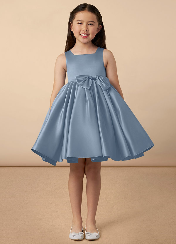 Azazie Bo Peep Flower Girl Dresses Dusty Blue A-Line Bow Matte Satin Dress image1