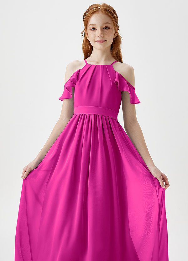Azazie Chaya Junior Fuchsia A-Line Off the Shoulder Chiffon Dress image1