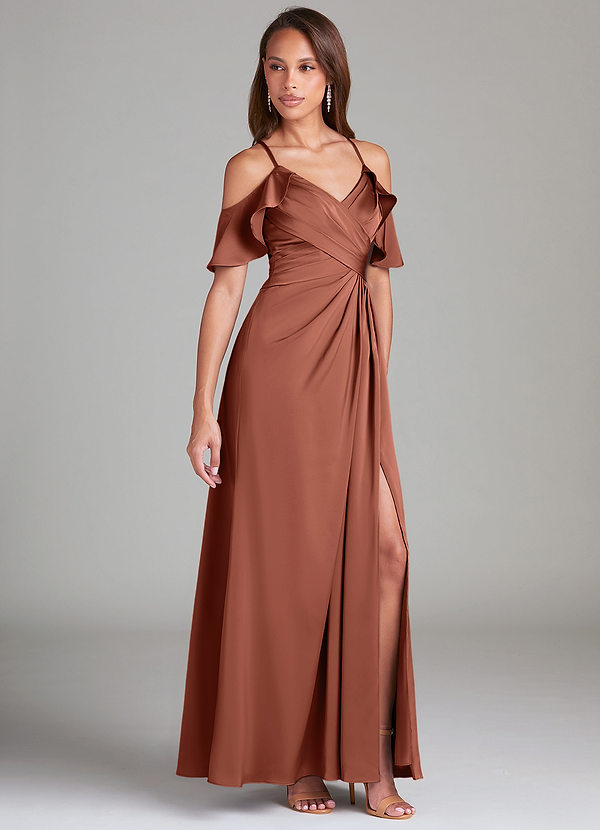 Azazie Dakota Robes Demoiselle d'honneur Robe Trapèze en Satin extensible Épaule décolletée Argile image1