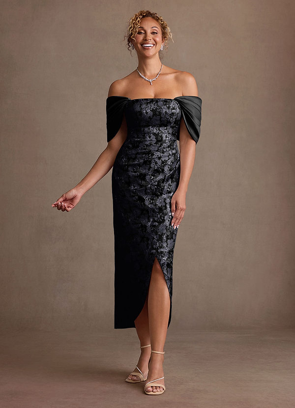 Azazie Sylvia Robes de mère de la mariée Robe Colonne en Jacquard Plissé Noir image1