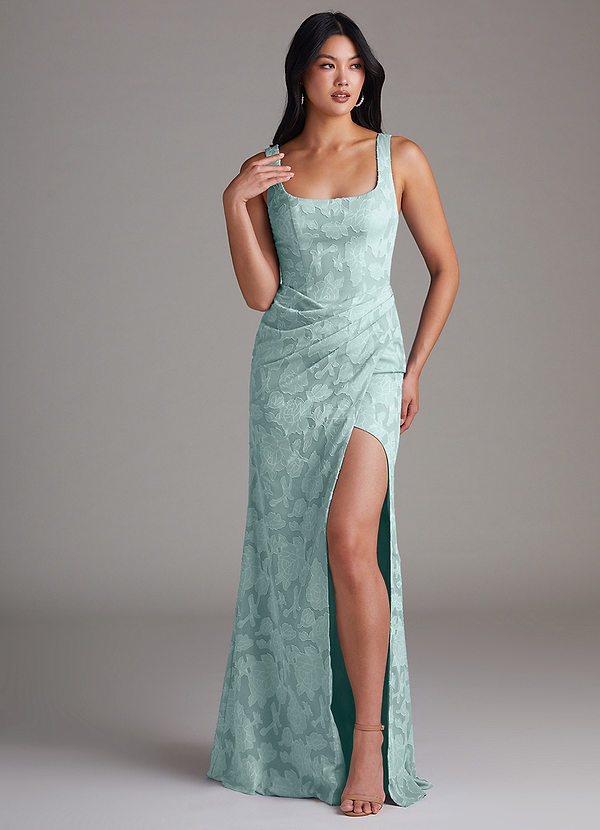 Azazie Mero Bridesmaid Dresses Mist Sheath Pleated Floral Burnout Dress image1