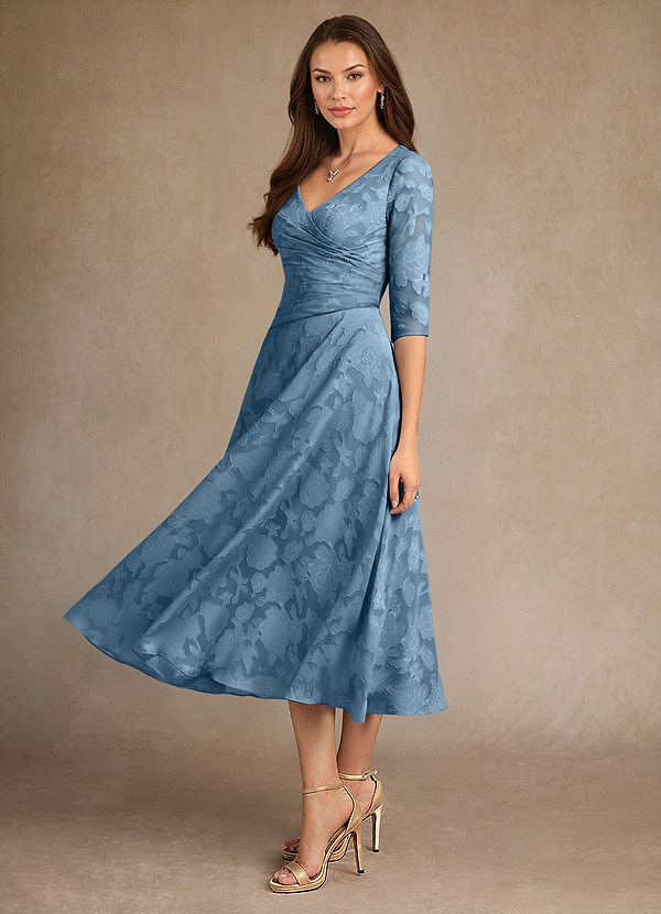 Azazie Durant Mother of the Brides Dresses Steel Blue A-Line Pleated Floral Burnout Dress image1
