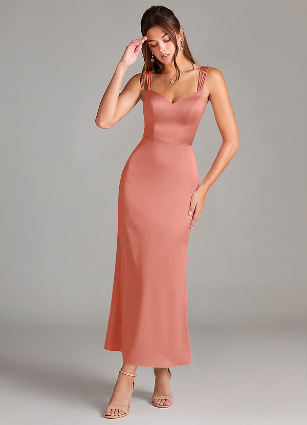 Azazie Denice Bruidsmeisjes Jurken Jurk van Stretch Satijn met Kolom Geplooid Zalm Roze image1