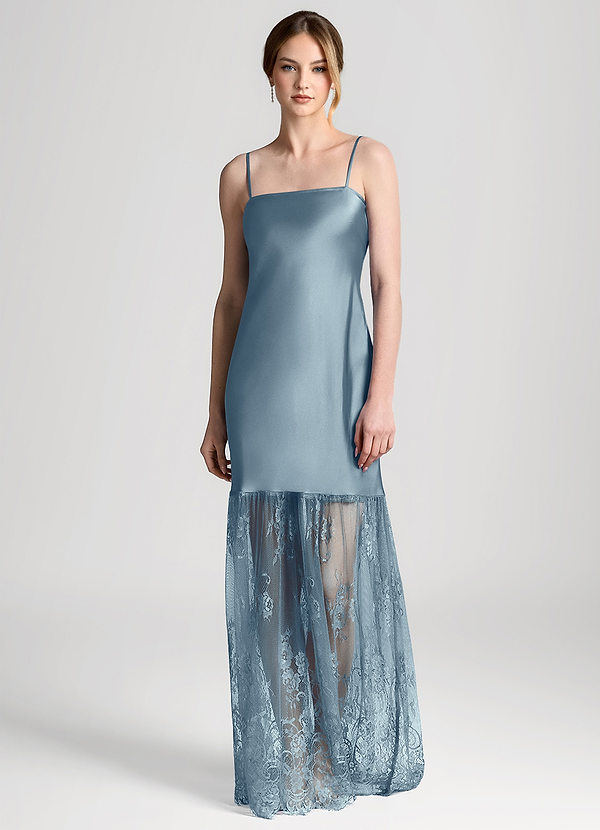 front Støvet Blå Maxikjole i satin med blonder