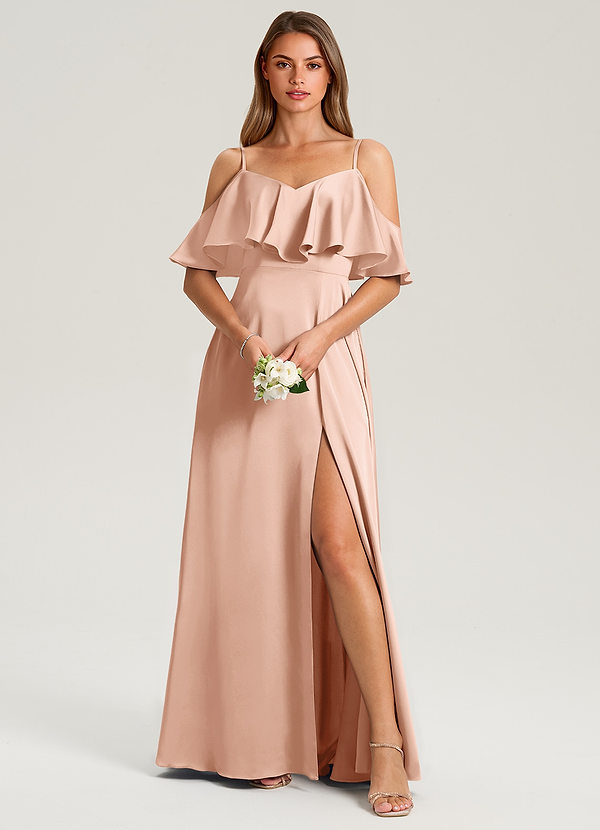 Azazie Jean Bridesmaid Dresses Rose Gold A-Line Off the Shoulder Stretch Satin Dress image1