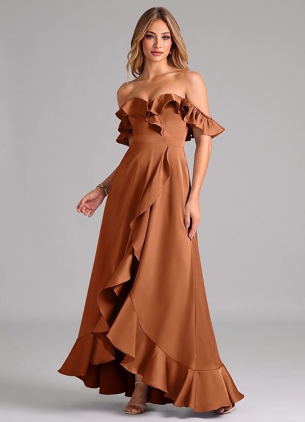 Azazie Lyra Bridesmaid Dresses Copper A-Line Off the Shoulder Stretch Satin Convertible Dress image1
