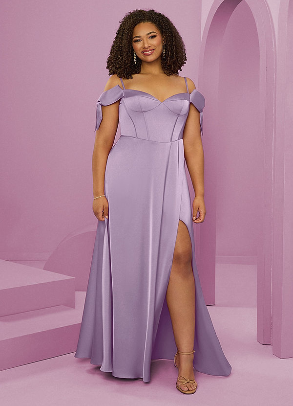 Barbie ♥ Azazie Robes Demoiselle d'honneur Robe Trapèze en Satin extensible Épaule décolletée Frostiges Flieder image1