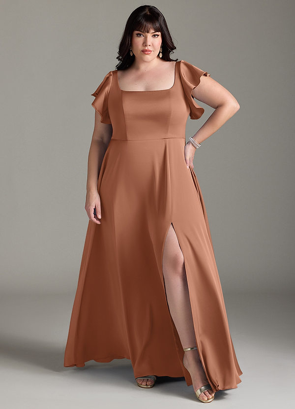 Azazie Bondi Bridesmaid Dresses Bronzer A-Line Bow Stretch Satin Dress image1