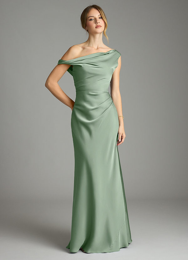Azazie Emerson Bridesmaid Dresses Matcha Mermaid Off the Shoulder Stretch Satin Dress image1