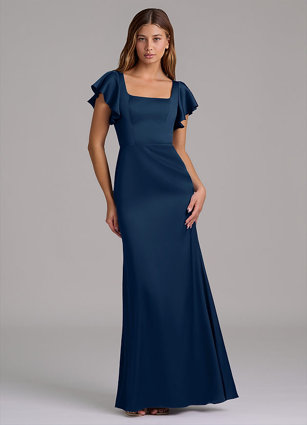 Azazie Elkie Bridesmaid Dresses Dark Navy Mermaid Square Neckline Stretch Satin Dress image1
