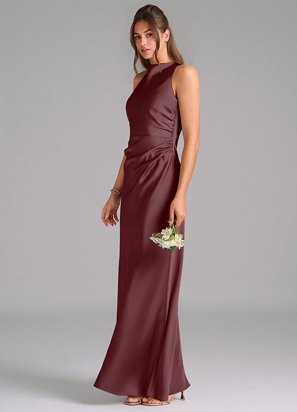 Azazie Evadne Bridesmaid Dresses Sangria Sheath Pleated Stretch Satin Dress image1