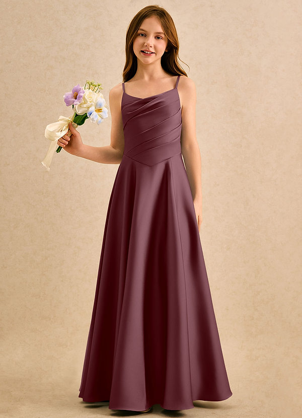Azazie Coconut Girls Formal Flower Girl Dresses Sangria A-Line Pleated Stretch Satin Dress image1