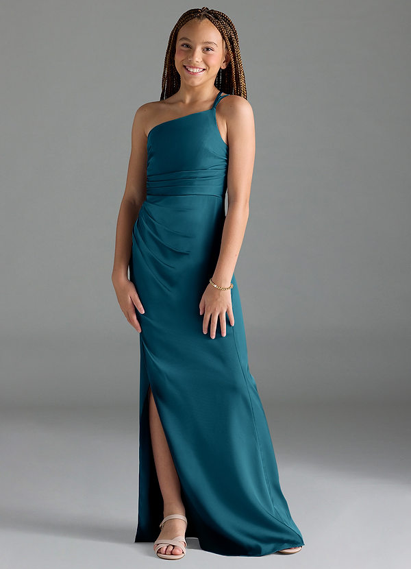Azazie Eren Junior Ink Blue Sheath Pleated Stretch Satin Dress image1