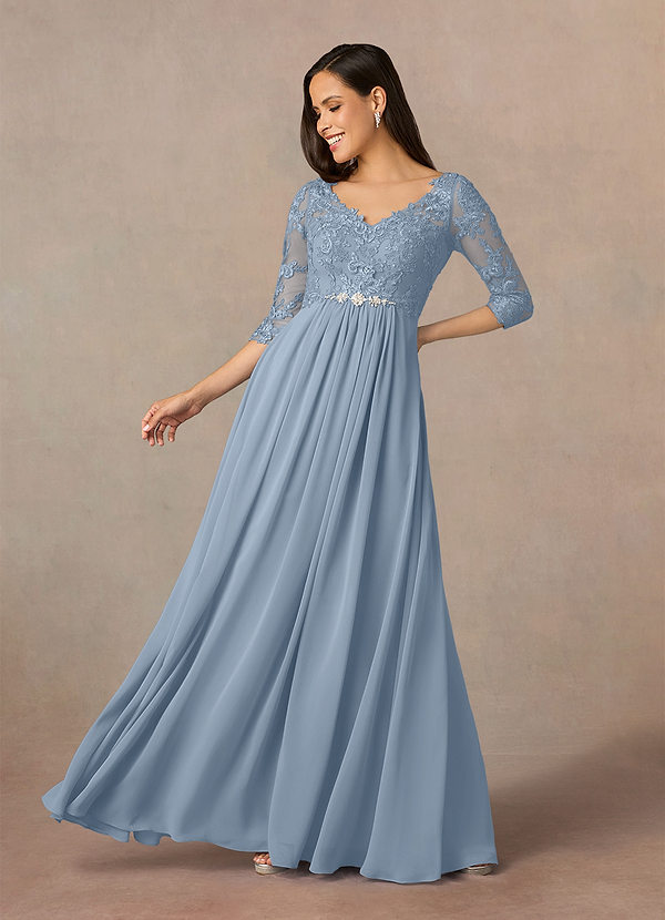 Azazie Hayek Mother of the Bride Dresses Dusty Blue A-Line V-Neck Lace Chiffon Dress image1