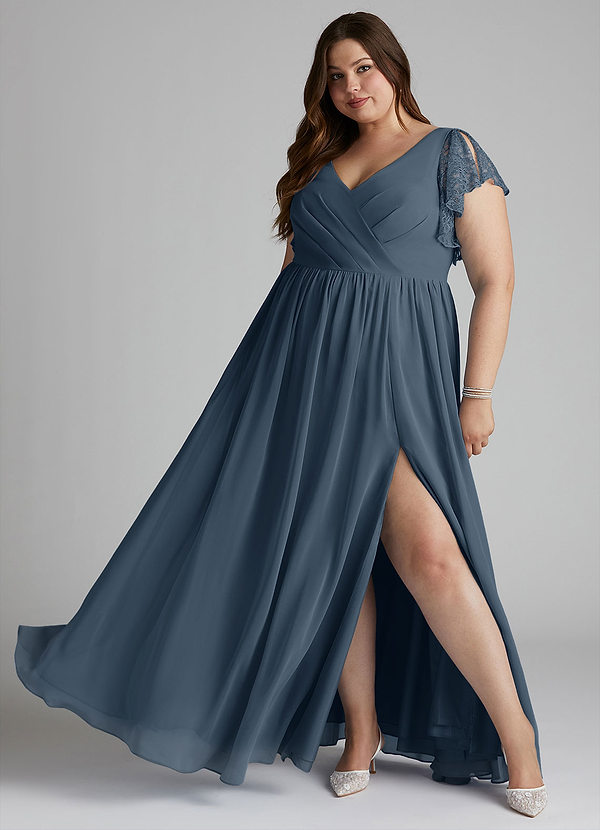 Azazie Zella Robes Demoiselle d'honneur Robe Trapèze en Mousseline de soie Dentelle Neptune image1