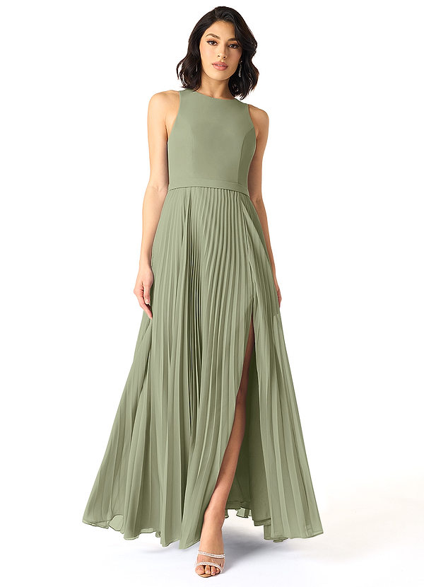 Azazie Lindie Abiti da Damigella Abito A-Line in Chiffon con Scollo a U a Pieghe Pistacchio image1